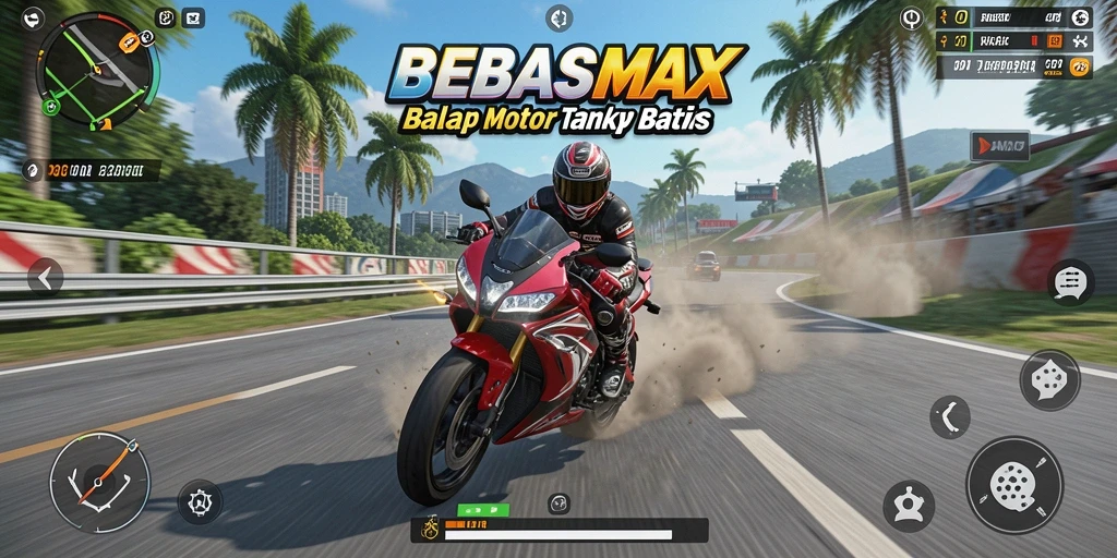 Screenshot gameplay BEBASMAX menampilkan aksi balap motor yang mendebarkan.