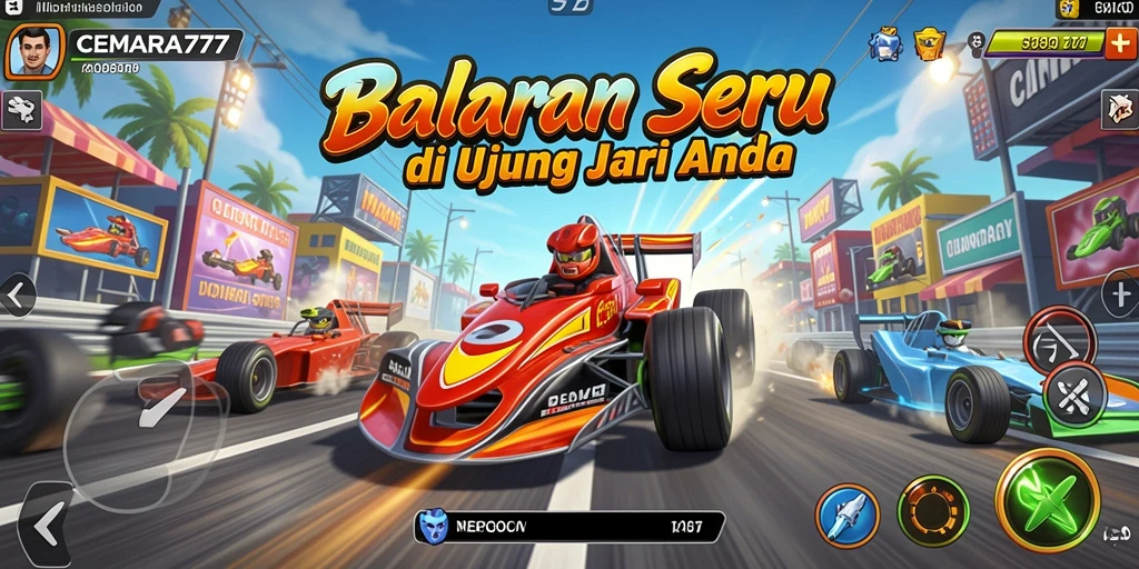 Menggambarkan aksi seru balapan dalam CEMARA777 dengan beragam mobil.