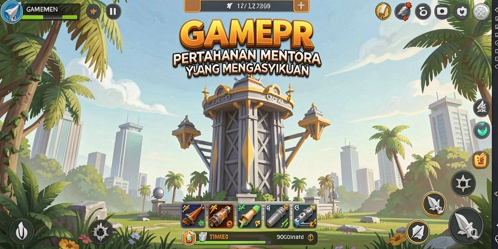 Tampilan gameplay GAMERP yang menarik dengan pertahanan menara yang strategis.