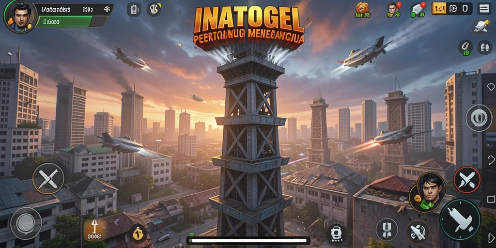 Screenshot gameplay INATOGEL menunjukkan aksi menara pertahanan yang intens.