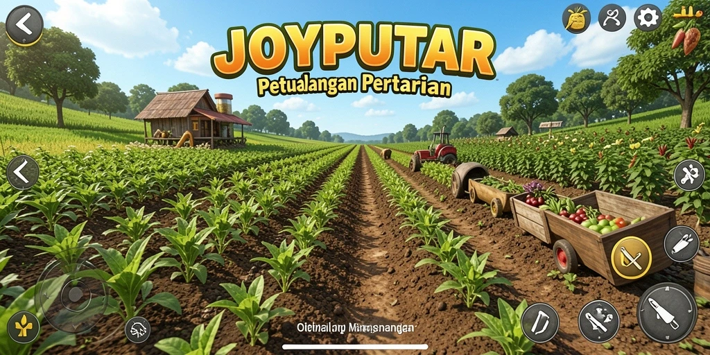 Screenshot gameplay JOYPUTAR menampilkan suasana pertanian yang cerah dan interaktif.