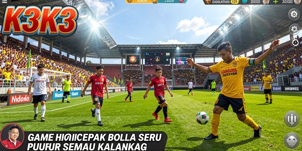 Tampilan gameplay K3K3 dengan aksi sepak bola yang seru.