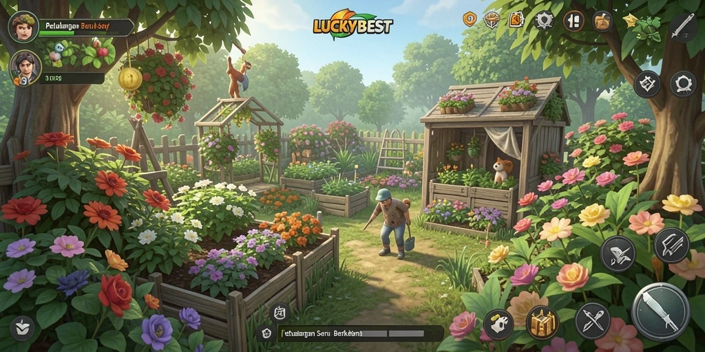 Tampilan gameplay seru di LUCKYBEST dengan aktivitas berkebun.