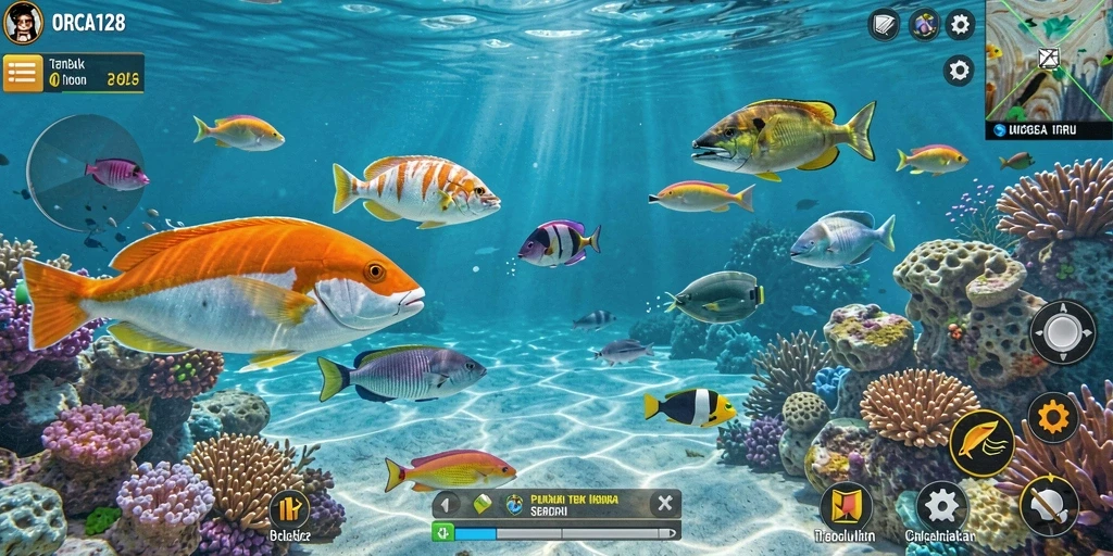 Screenshot gameplay ORCA128 menampilkan aksi seru menembak ikan.