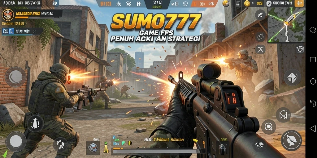 Tampilan gameplay mendebarkan di SUMO777, menampilkan aksi FPS intens.