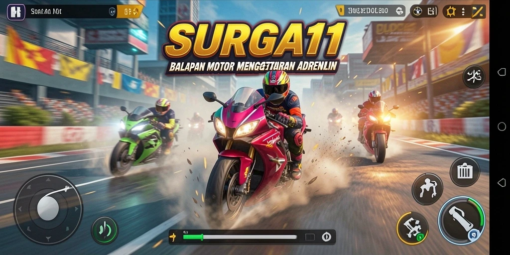 Screenshot SURGA11 menampilkan aksi balapan motor yang sangat intens.