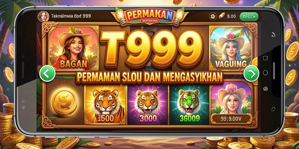 Screenshot utama T9999 menampilkan gameplay slot yang mendebarkan.