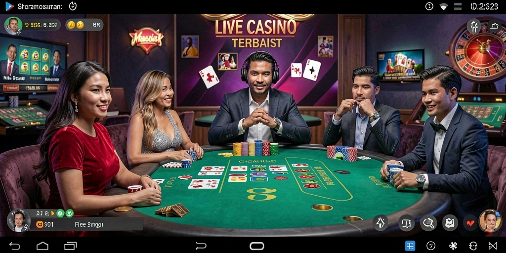 Screenshot V21 memperlihatkan dealer profesional dan suasana permainan Live Casino yang mendebarkan.